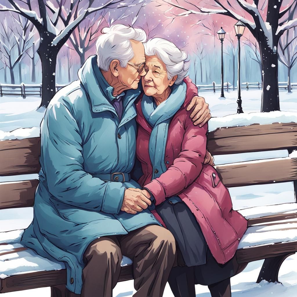 Winter Embrace: Pastel and Ink Couple Illustration