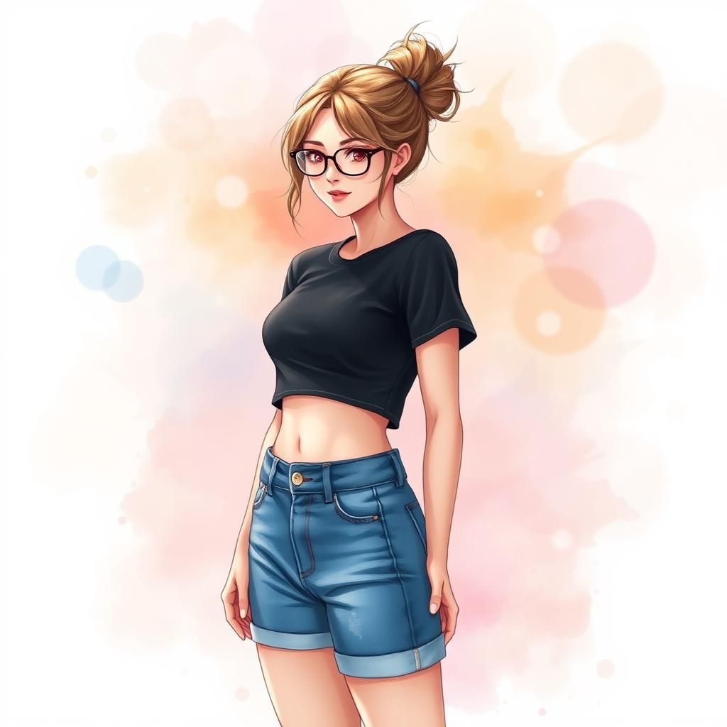 Watercolor Woman with Messy Bun and Denim Shorts