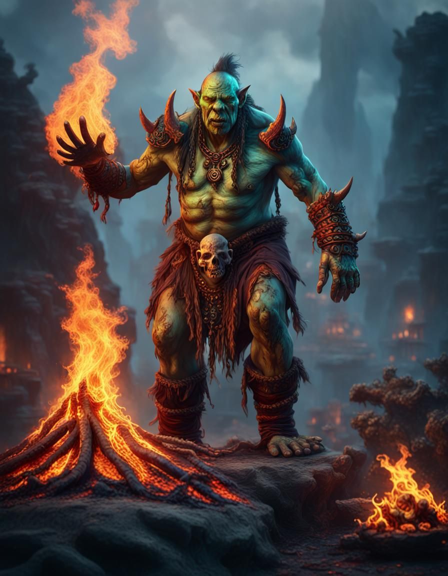 Orc Shaman with Burning Hands Fantasy Art