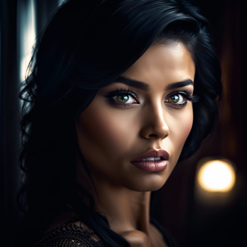 Beautiful Black-Haired Woman with Perfect Face: Hyperrealist...