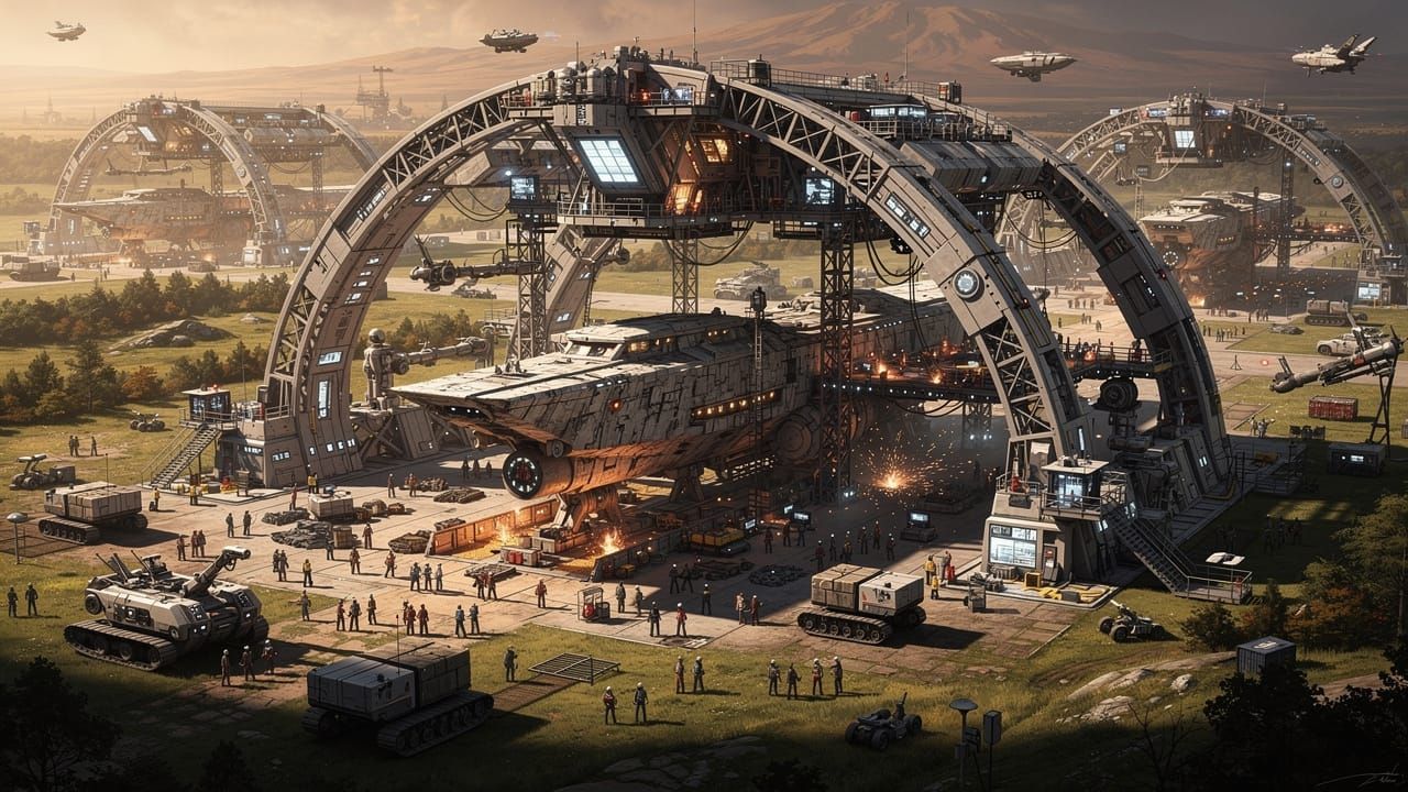 Gigantic Spaceship Construction Yard in Retro-Futuristic Sty...