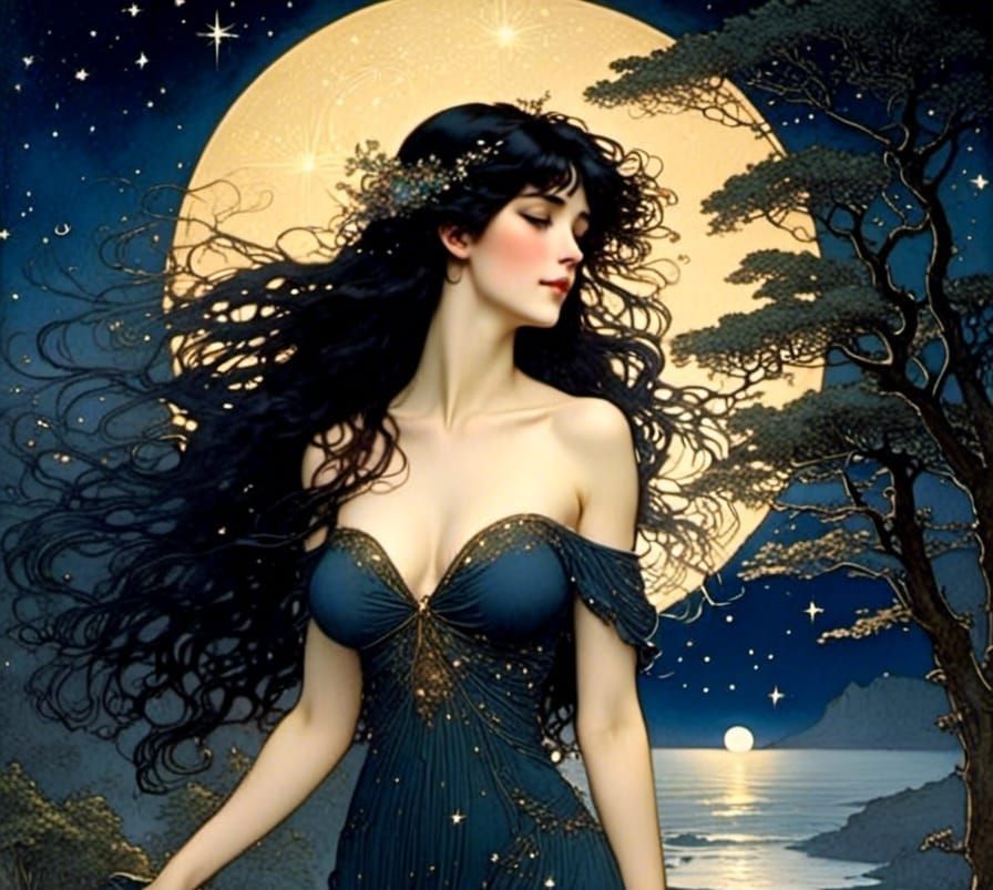 Beautiful Woman Under the Crab Nebula at Night