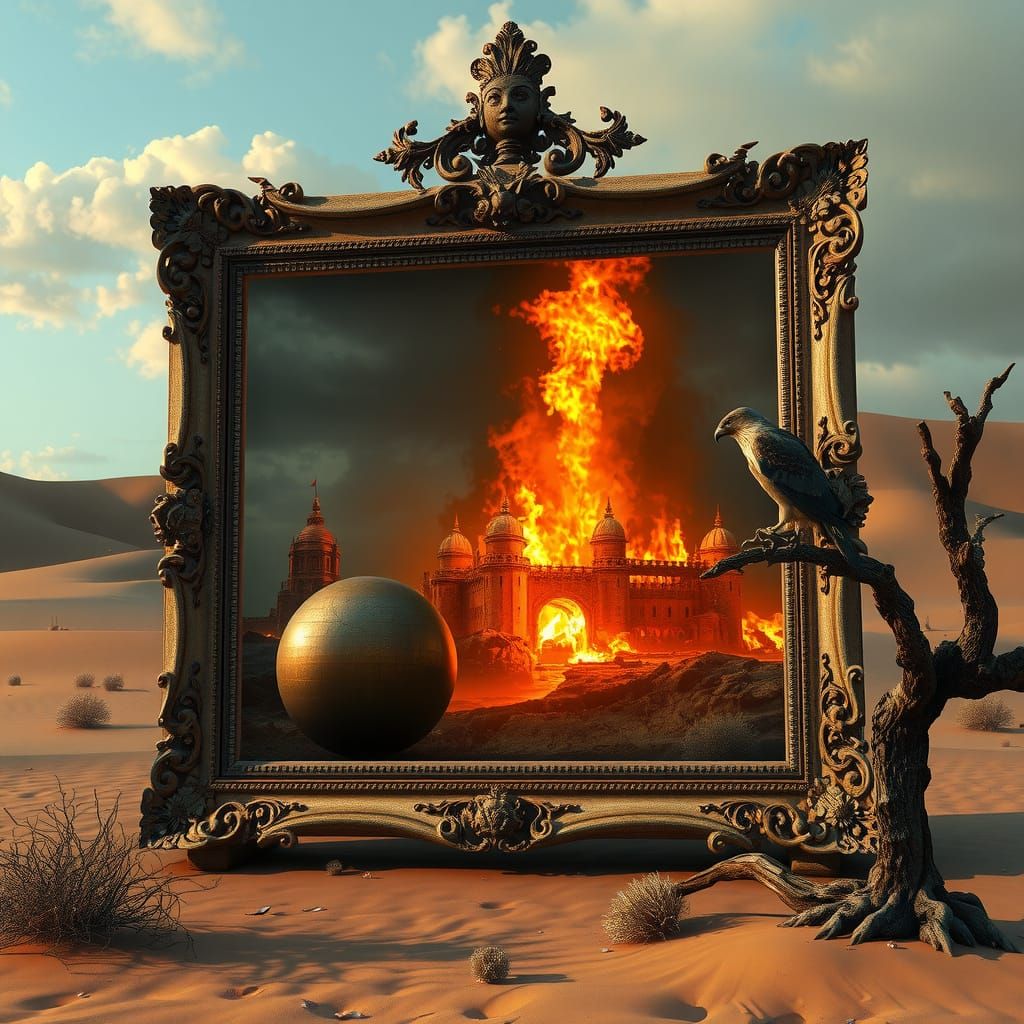 Desert Castle Inferno in Baroque Frame: Photorealistic Digit...