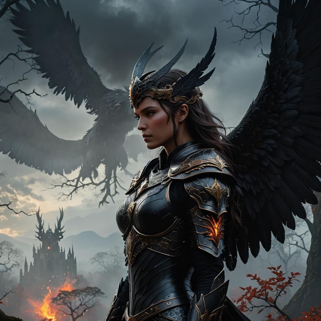 Dark Valkyrie with Wings and Armor in Fantasy Art
