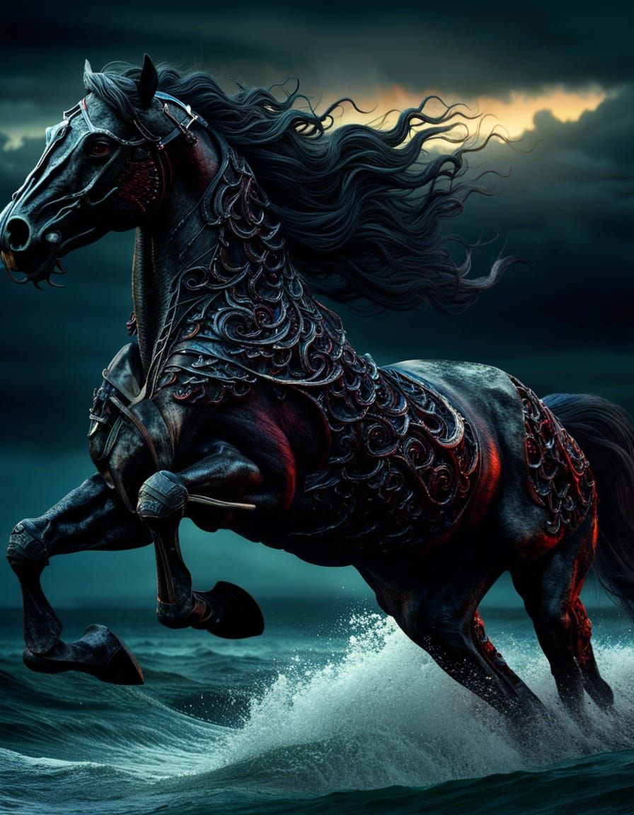 Eerie Demonic Horse Galloping Over a Midnight Sea