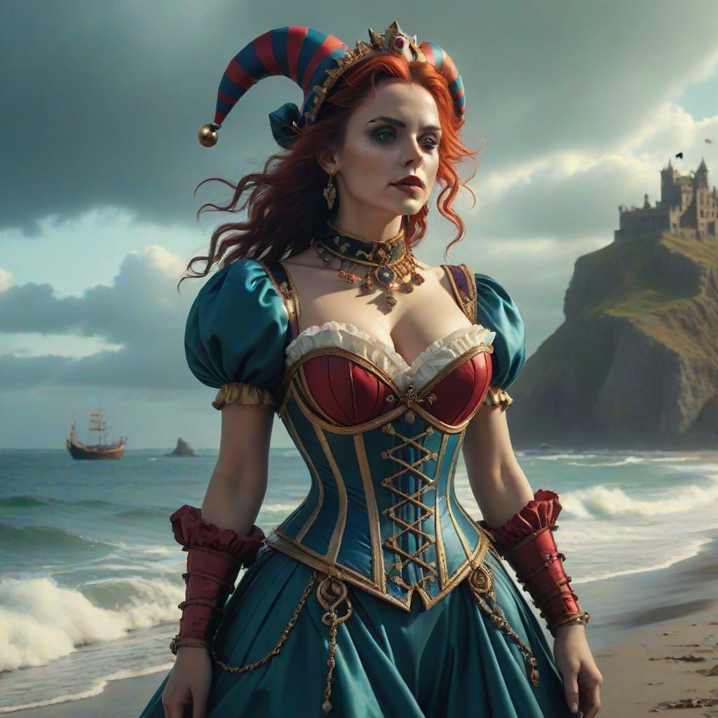 Epic Digital Painting of Female Jester at Sea Shore