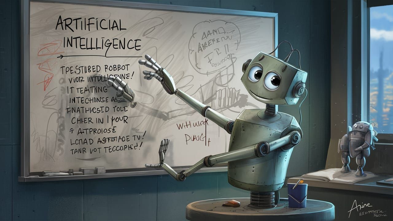 Clumsy Robot Explains AI: Anime-Style Illustration