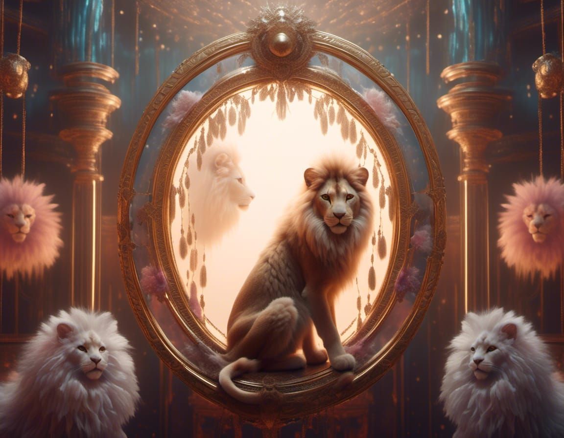 Kitten's Reflection: A Lion's Confidence in Fantasy Mirror
