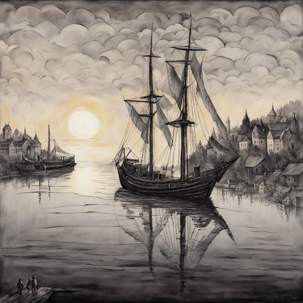 Tuschezeichnung: Sonne Beleuchtet Boot auf Wasser