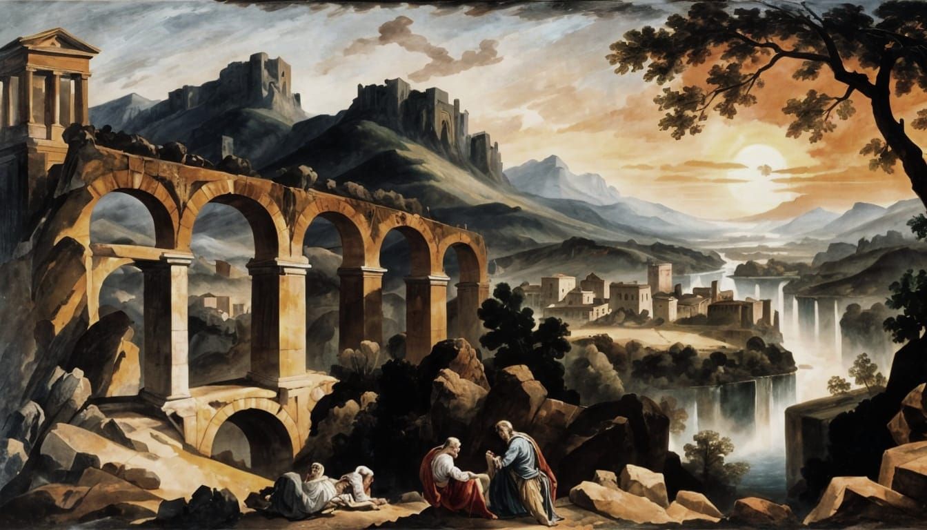 Roman Aqueduct Ruins in Romanticism Style