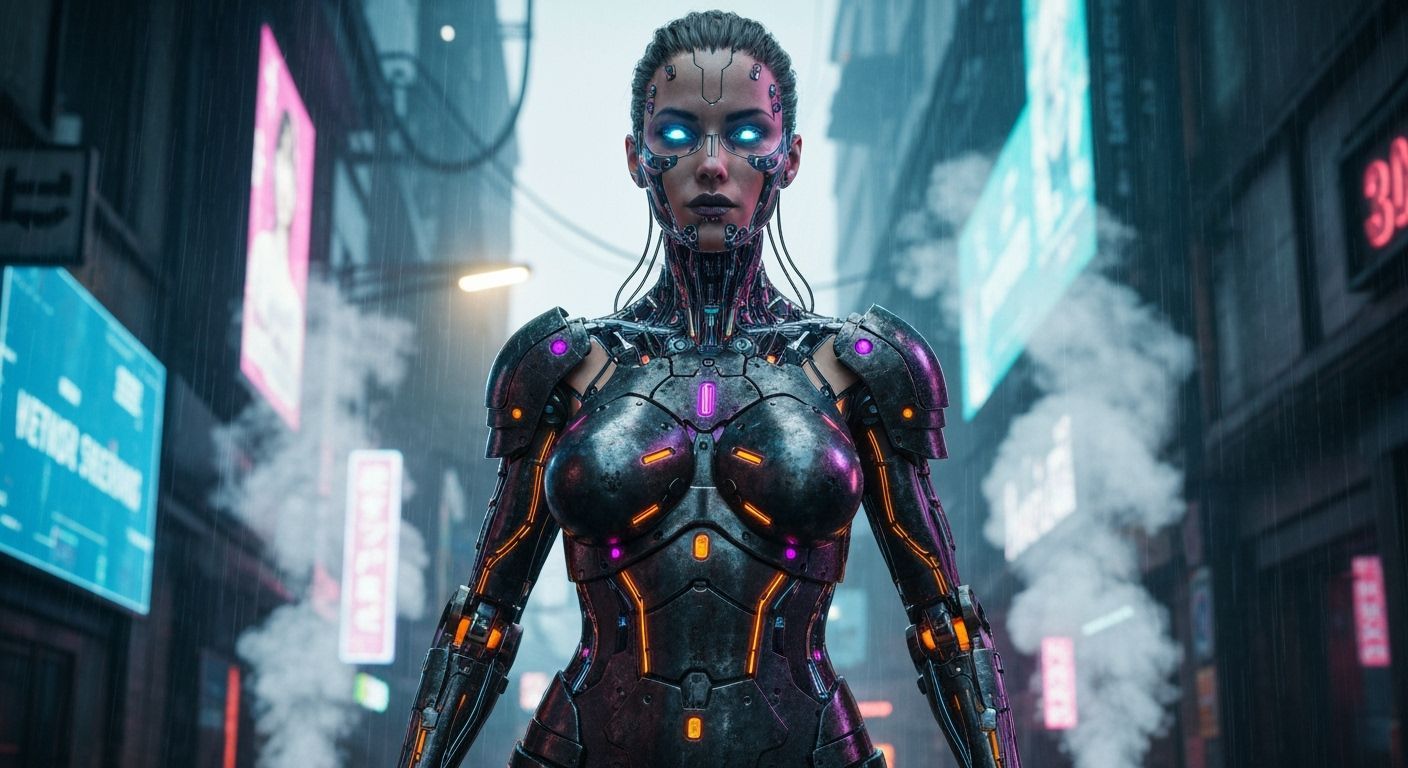 Cybernetic Woman in Neon Alley