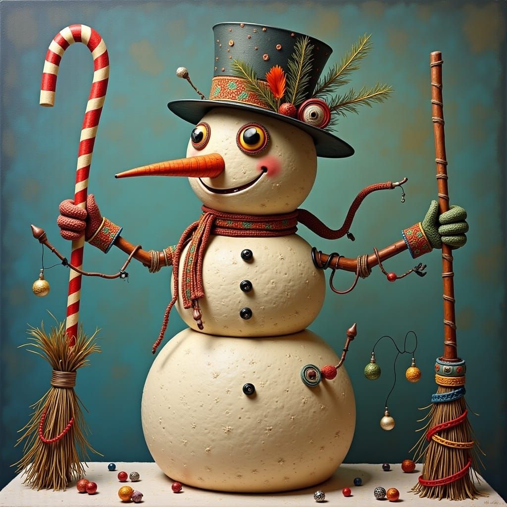 Whimsical Snowman in Lowbrow Art Style