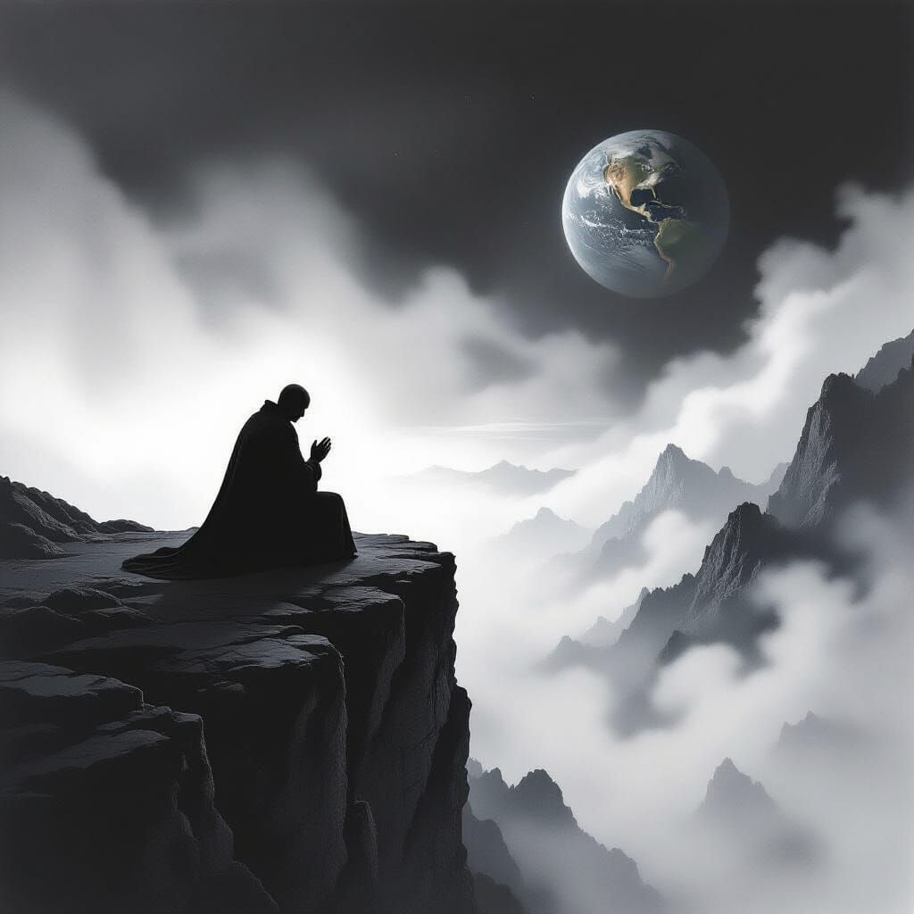 Priest Kneeling Before Cosmic Destruction in Charcoal