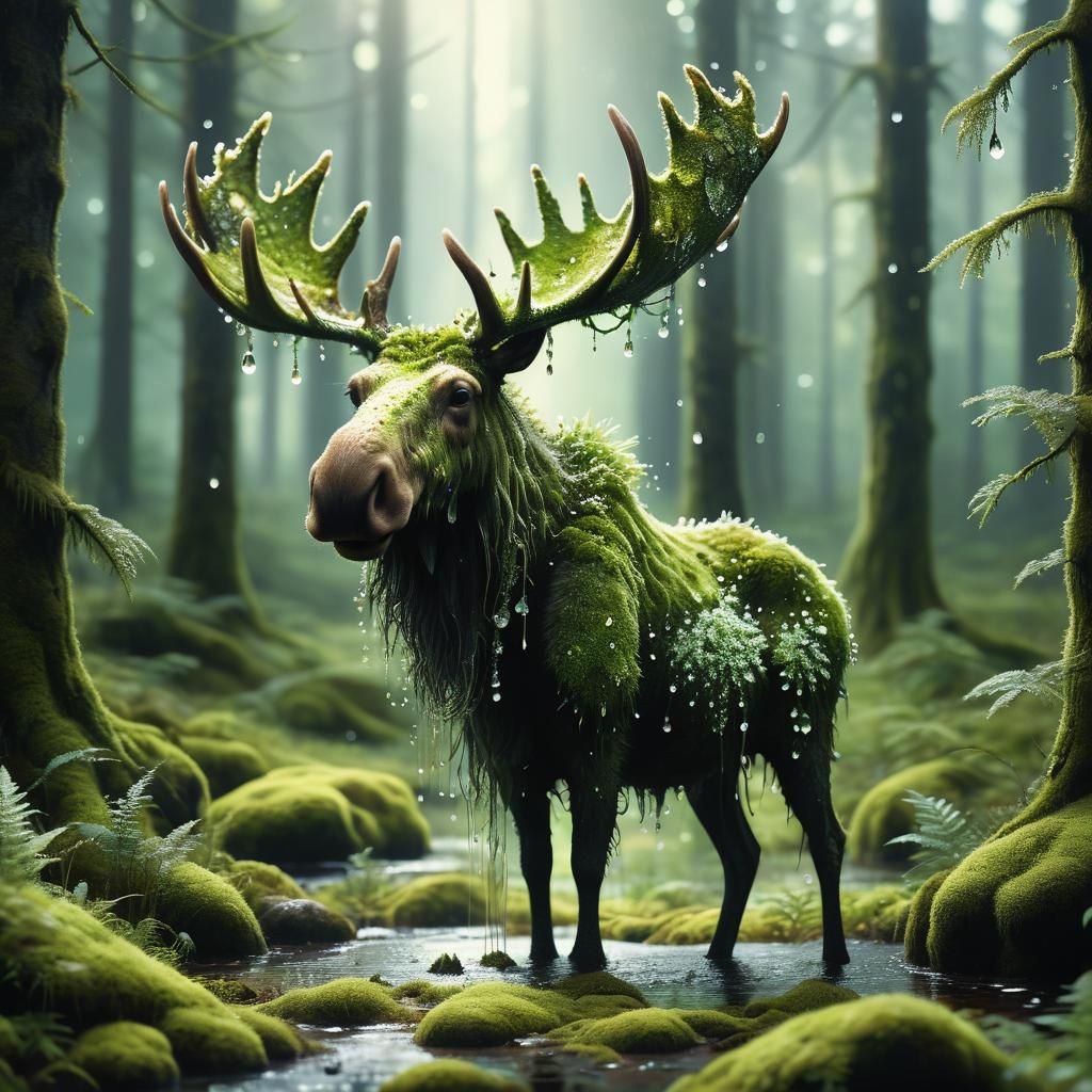Moss Moose in Lush Forest: Fantasycore Artwork