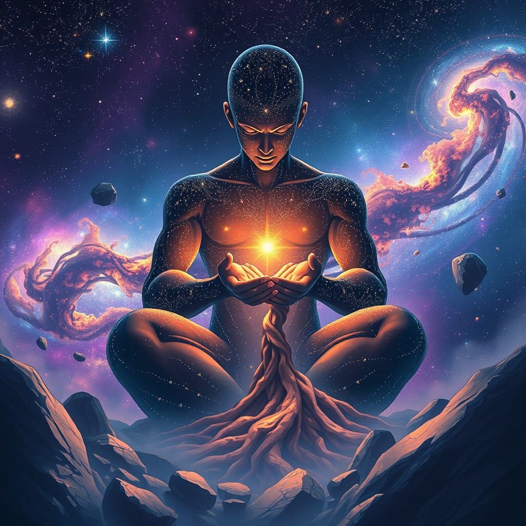 Cosmic Guardian: Ethereal Humanoid in Galaxy Cradling Nebula