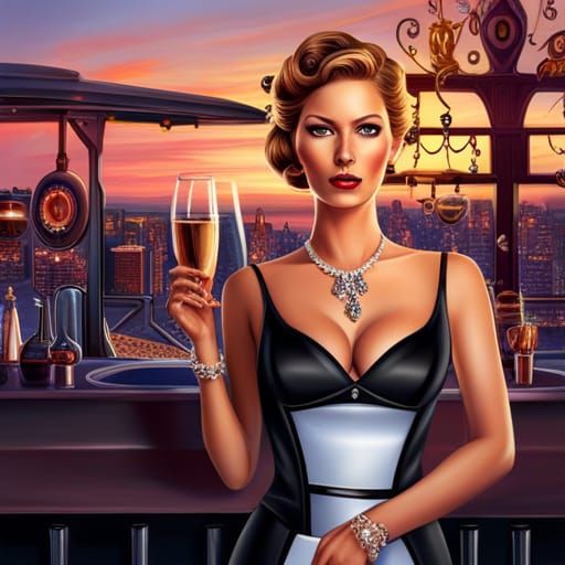 Cat Waitress Serving Champagne in Cocktail Dress
