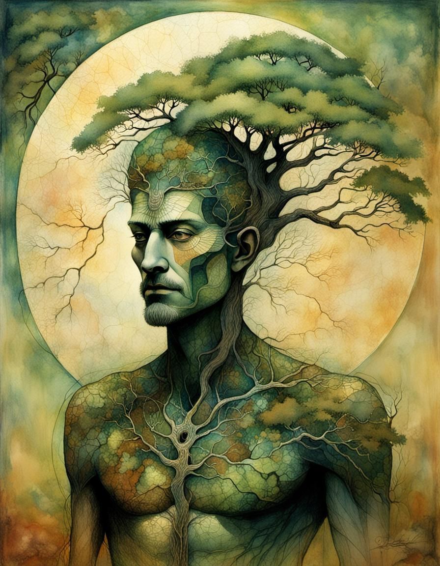 Earth Element Embodied as Tree Man, Intricate Drawing