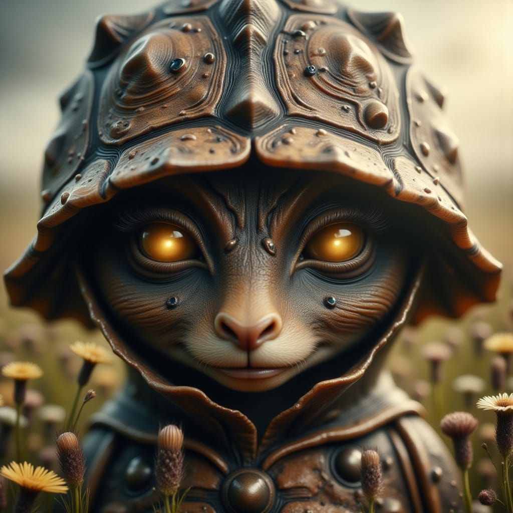 Whimsical Folk-Art Creature Peeks from Under Tortoise Shell