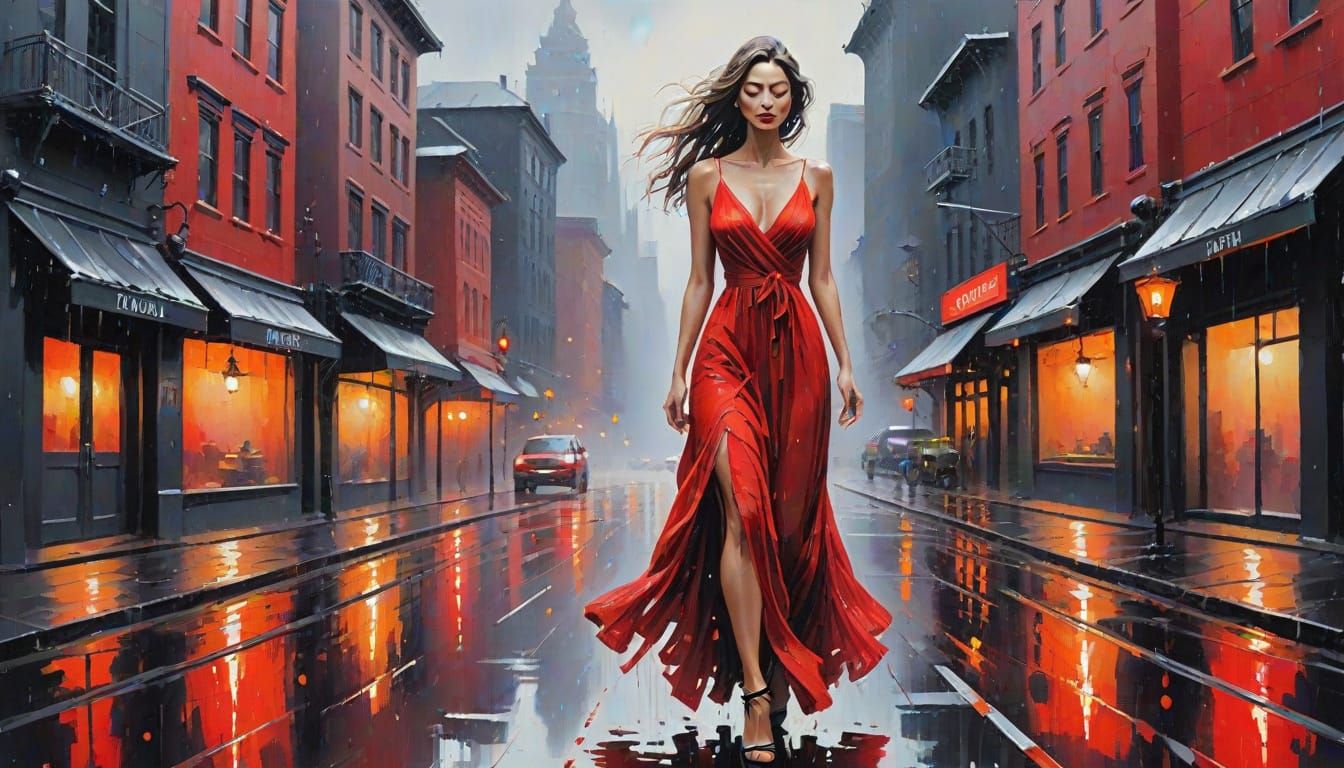 Woman in Red Dress: Abstract Impressionist Gouache Painting