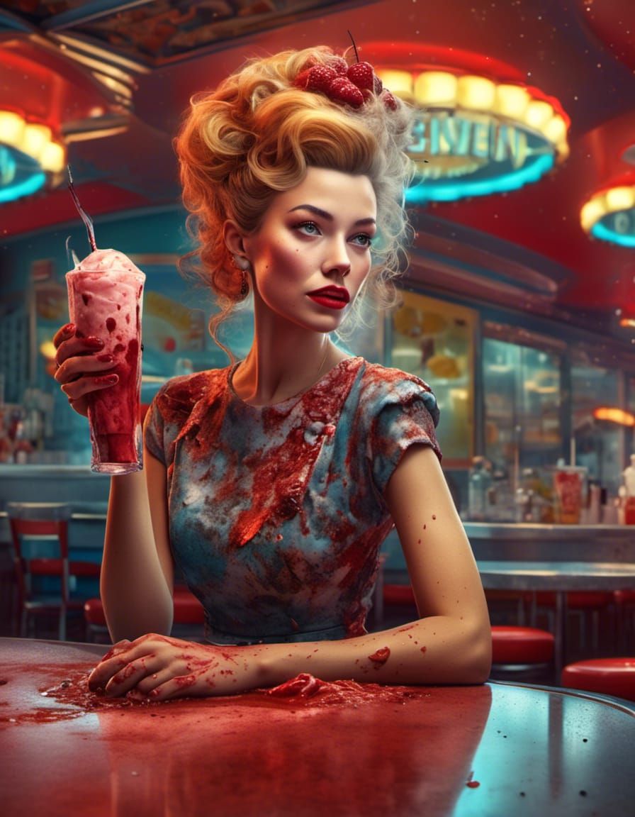 Hyperrealistic Queen in 1950s Diner, Bloody Head