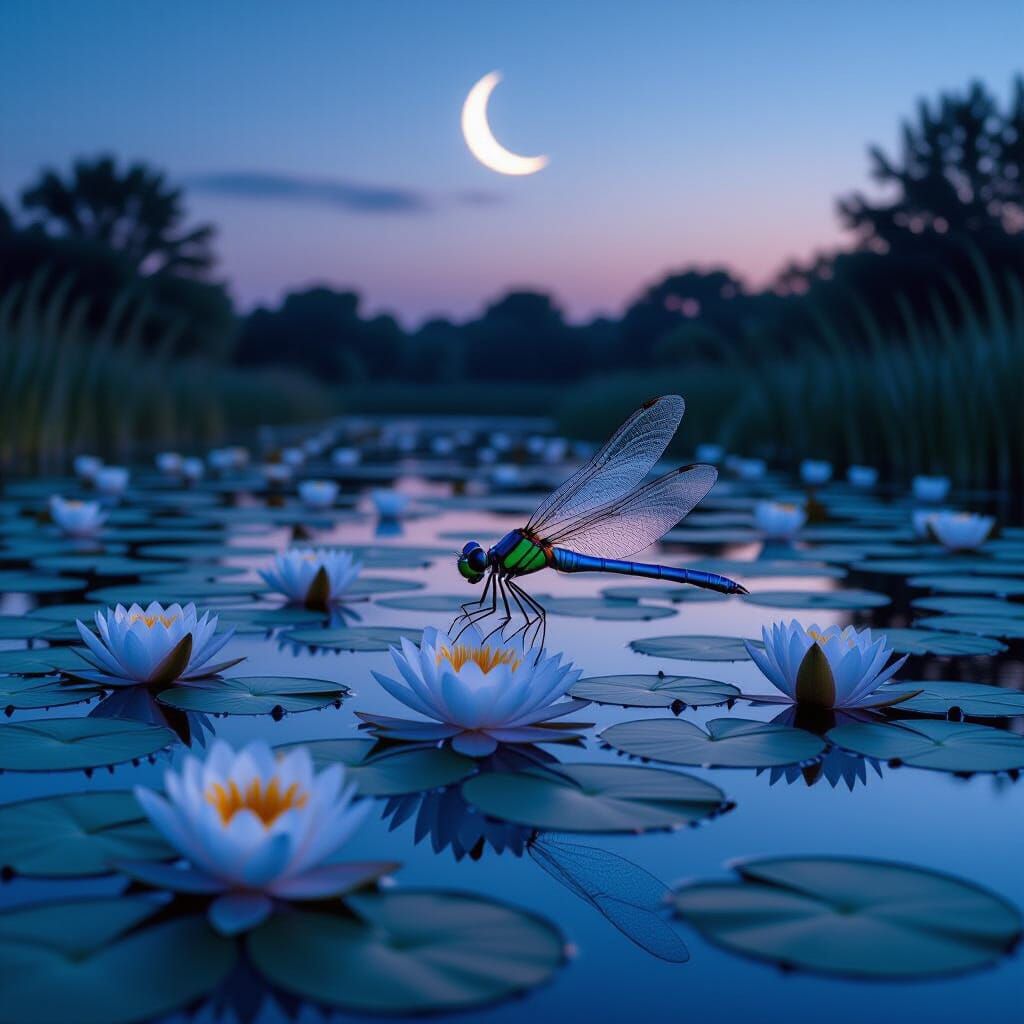 Dragonfly Over Lily Pond At Twilight