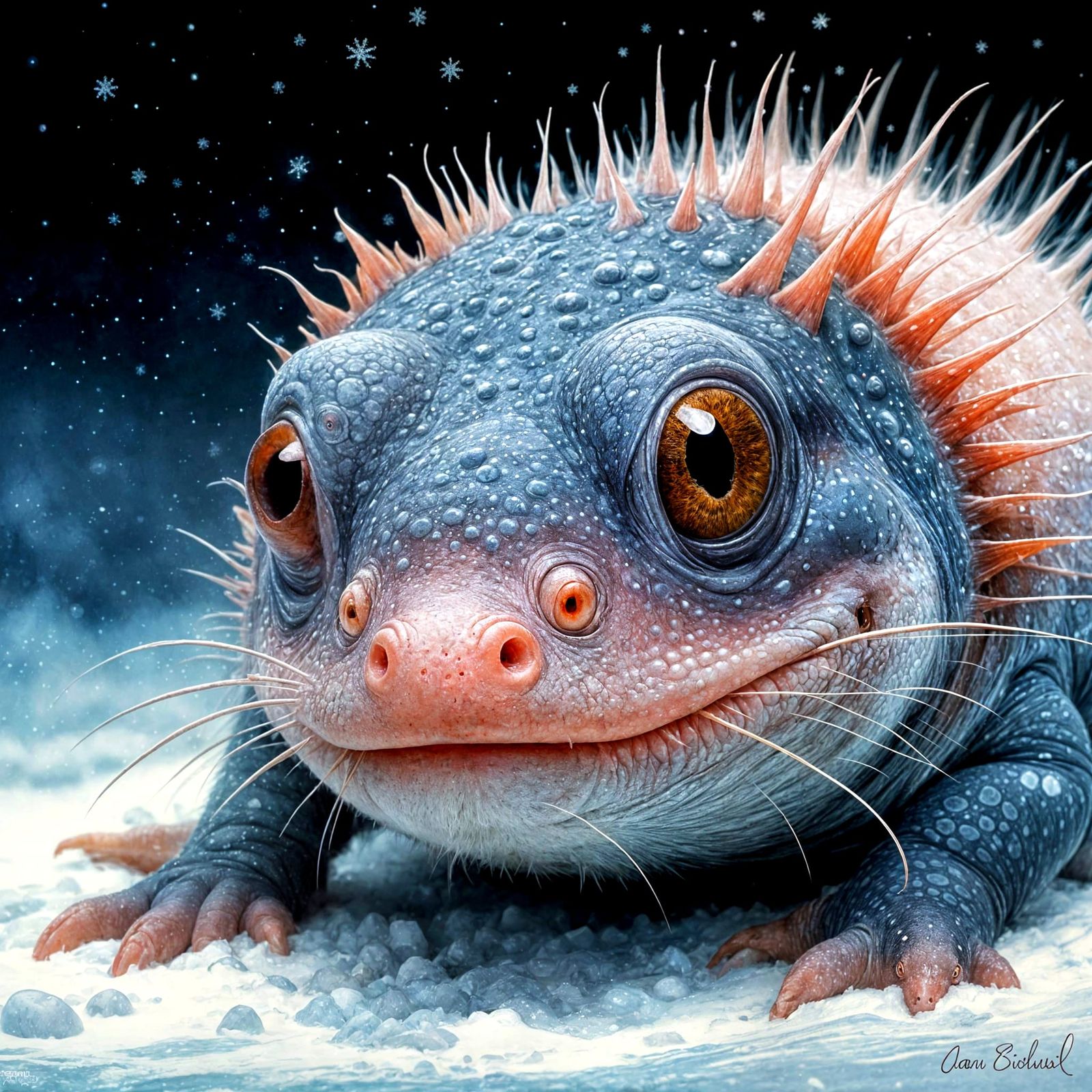 Fantasy Axolotl in Cosmic Snowscape