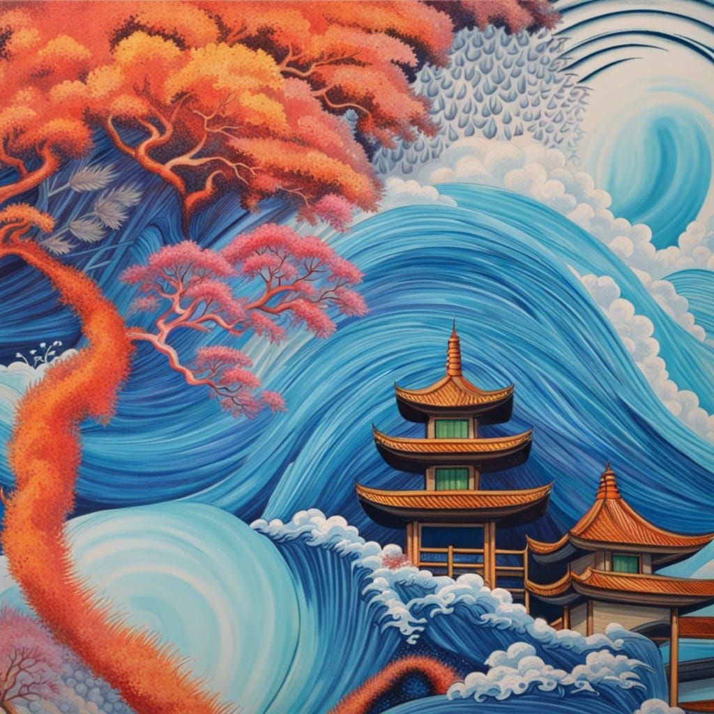 Giant Tsunami Wave Crashing Over Pagoda