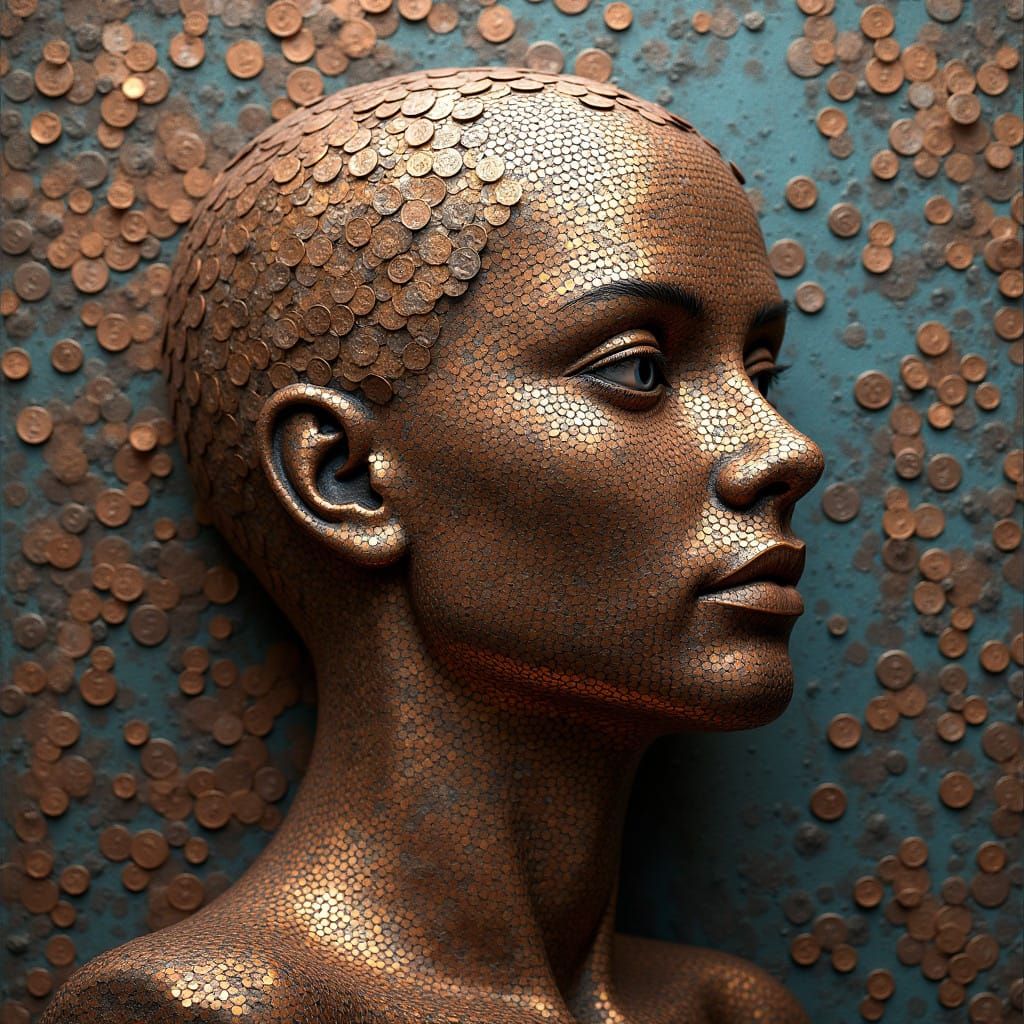 Mesmerizing Mosaic Portrait of a Human Head Made from Pennie...