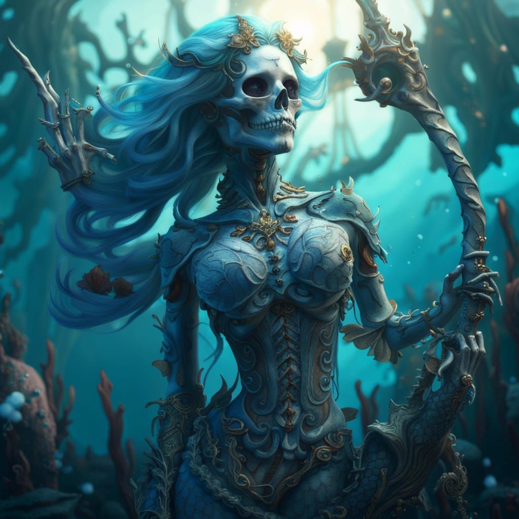 Mermaid Skeleton with Trident: Fantasy Concept Art