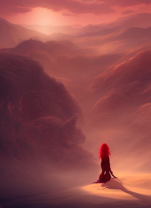 Red-Haired Maiden Floating Above Desert Sands