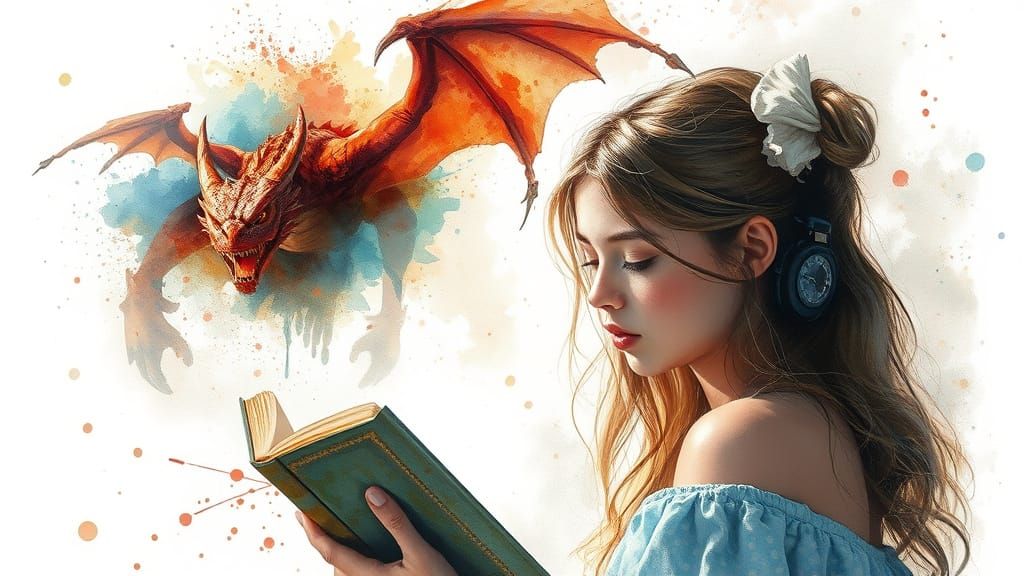 Girl Imagines Dragon Battle: Watercolour Art