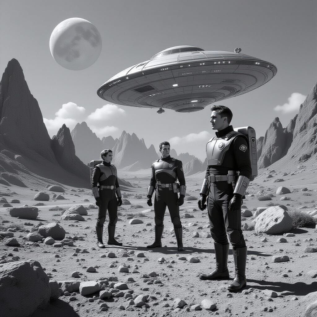 Retro Sci-Fi Exploration in Black and White