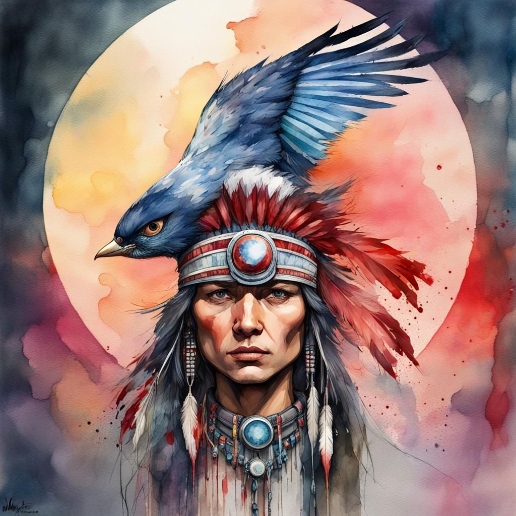 Native American Thunderbirds under Bloodmoon in Watercolor