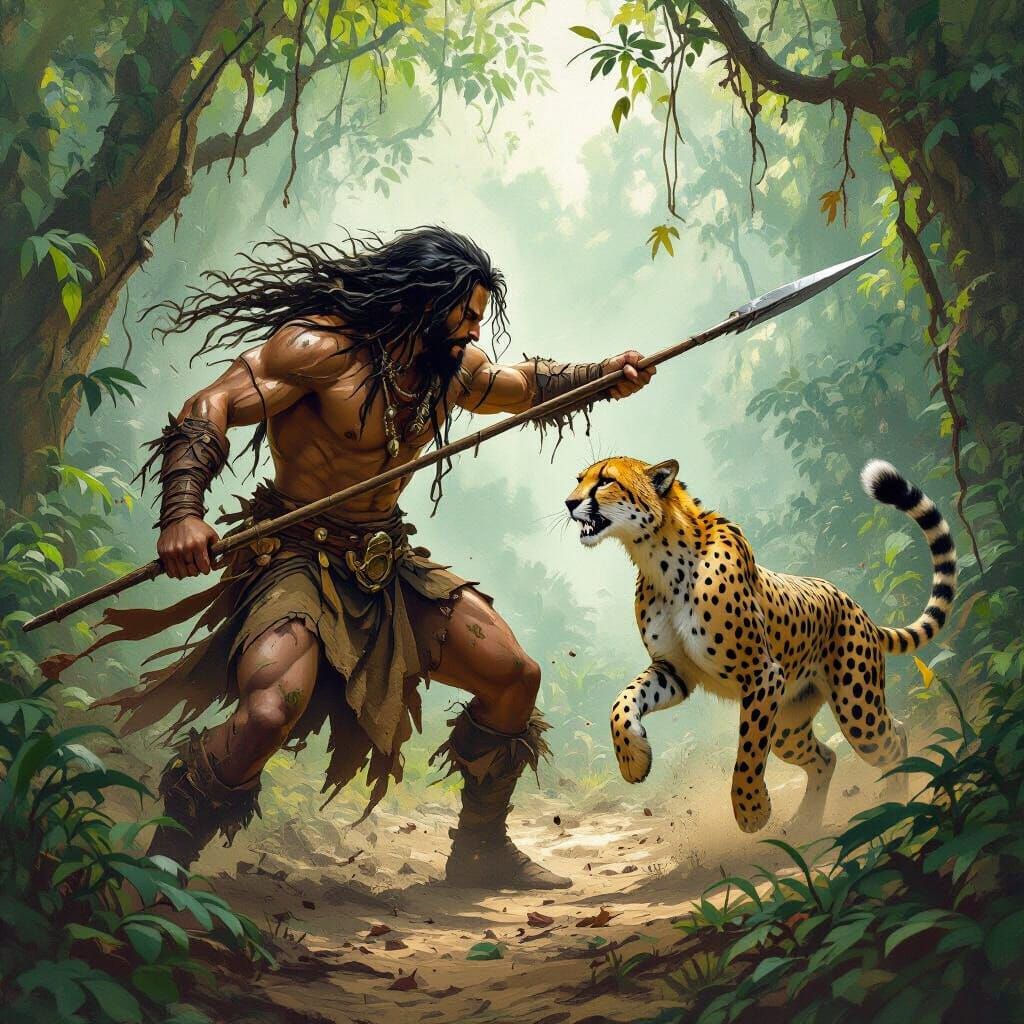 Jungle Warrior Battling Cheetah, Frazetta Style