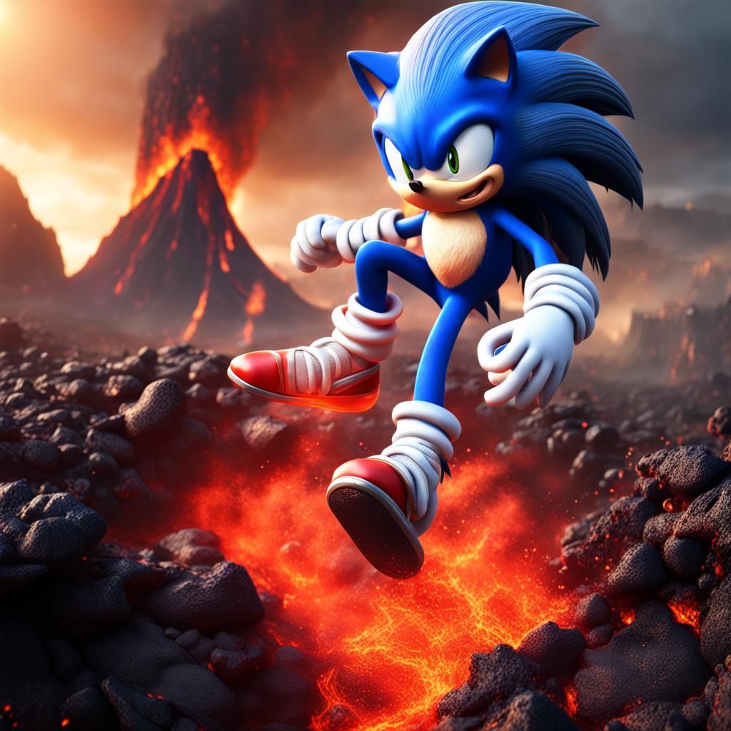 Sonic Leaps Over Lava in Detailed Matte Painting