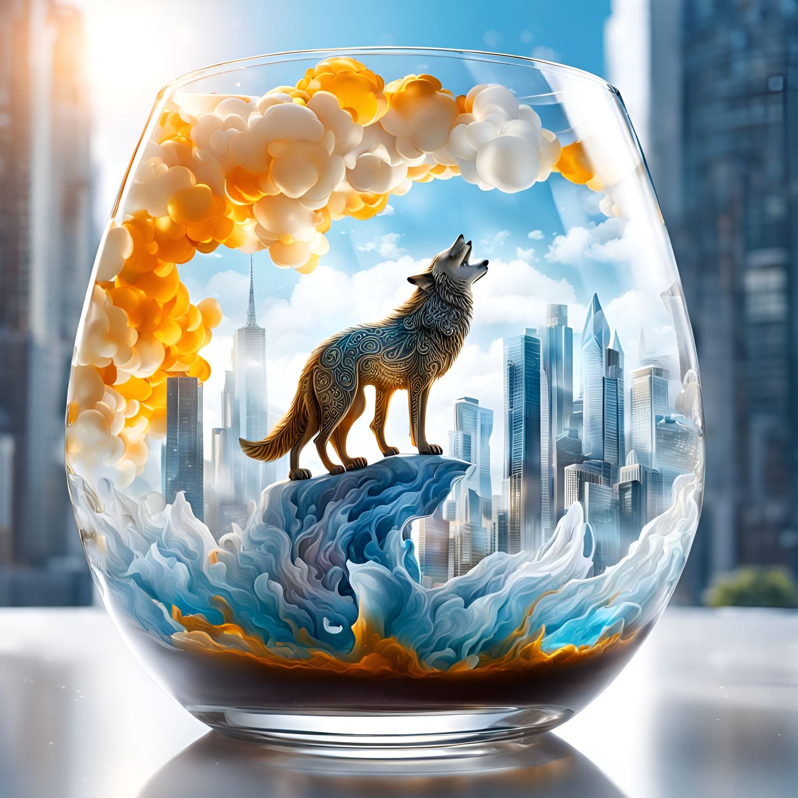 beautiful double exposure image blending together a sunny city and a glass wolf