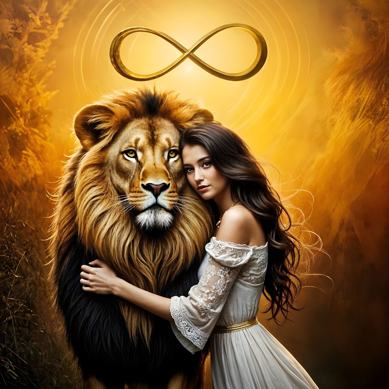 Ethereal Goddess Embraces the Infinite with a Majestic Lion