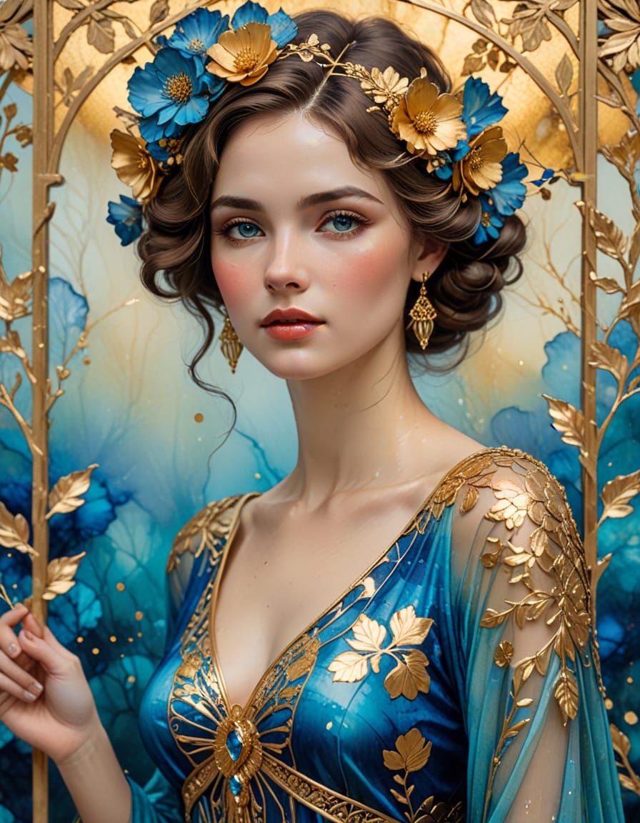 Art Deco Woman Portrait with Flowery Pergola