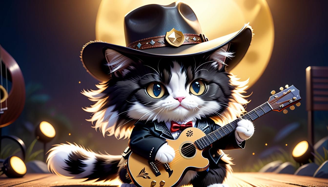 Chibi Kitten Cowboy Musician in Detailed Matte Painting