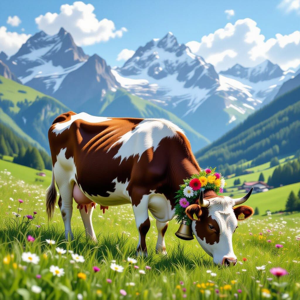 Cow Grazing in Swiss Alps with Floral Garland