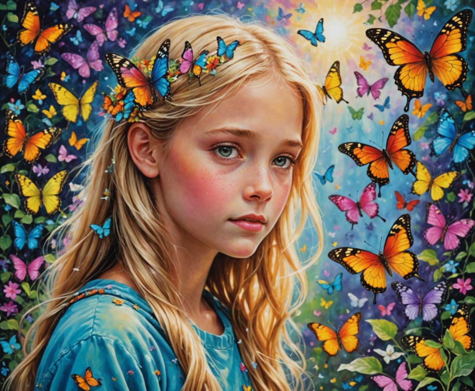 Little girl surrounded with colorful butterflies.