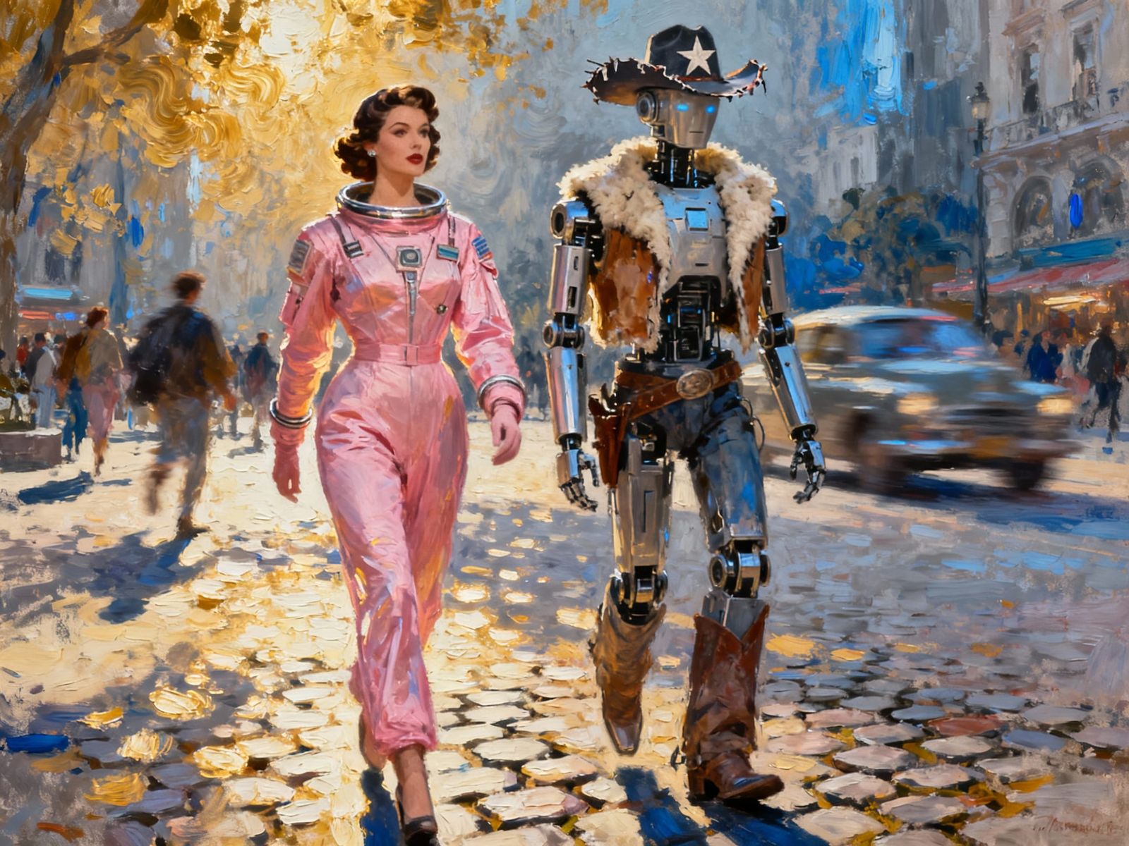 Glamorous Woman and Cowboy Robot in Retro Sci-Fi City