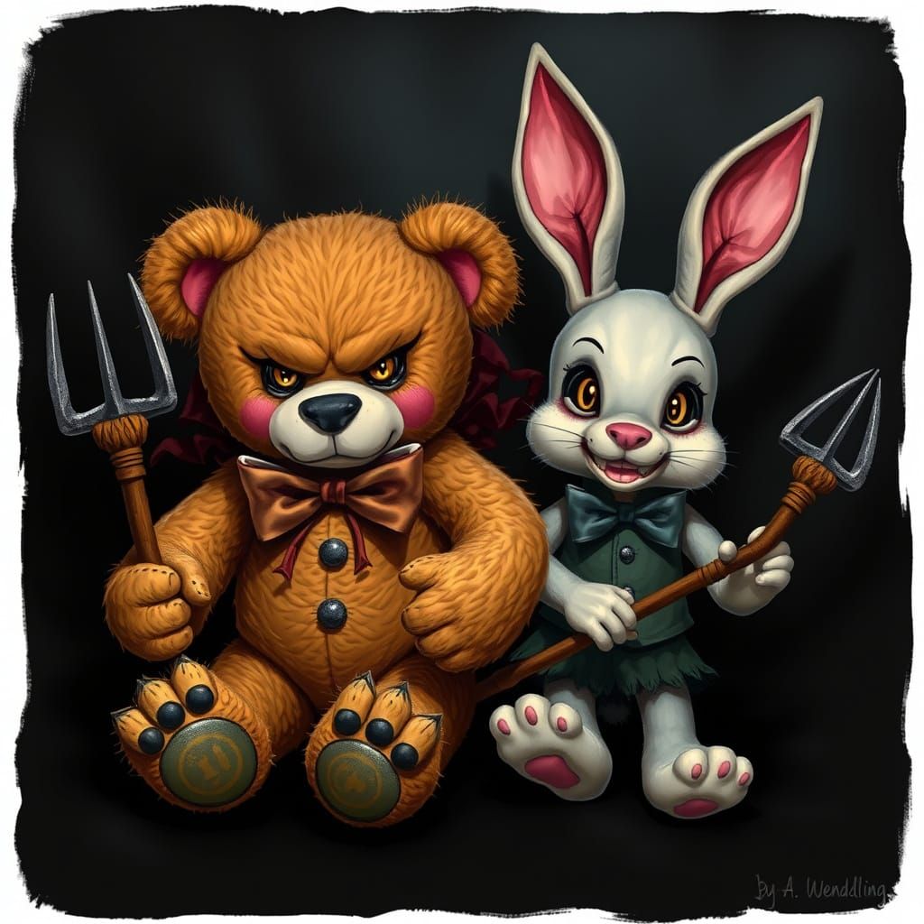 Evil Stuffed Animals With Pitchforks in Shadowy Nursery