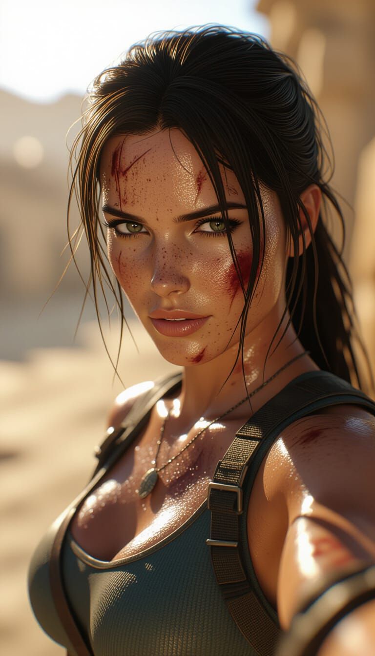 Lara Croft Selfie with Cinematic Golden Hour Lighting