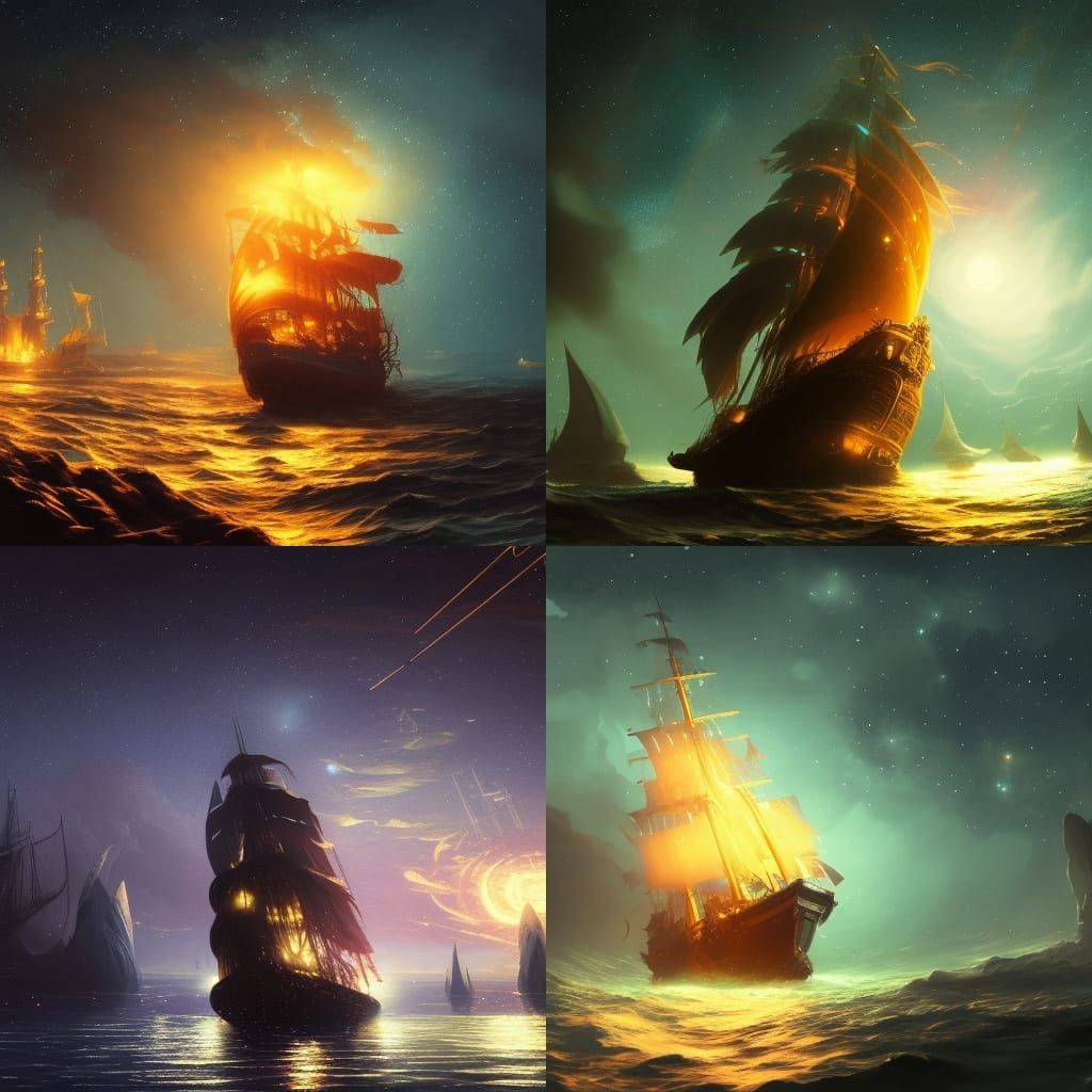 Golden Pirate Ship Soaring Through Starry Night