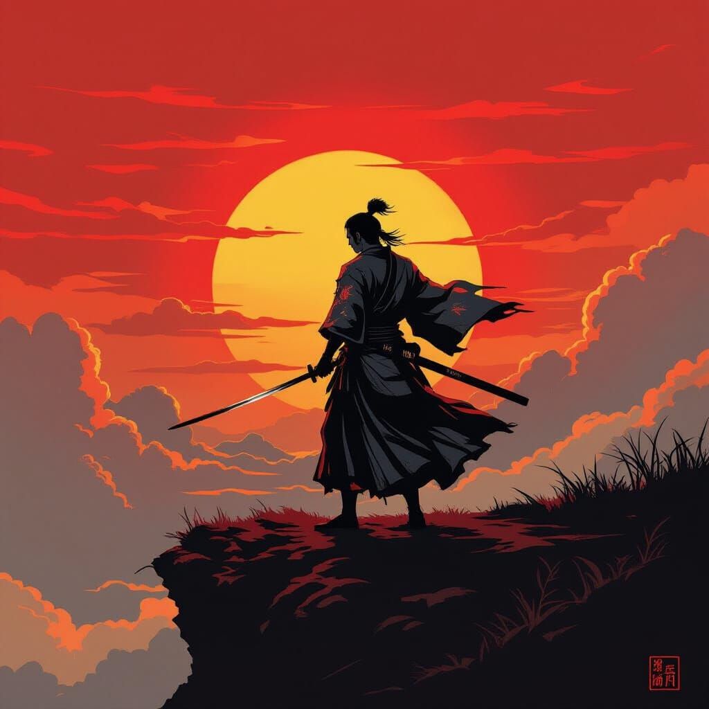 Samurai Warrior at Fiery Sunset Cliff Edge in Painterly Styl...