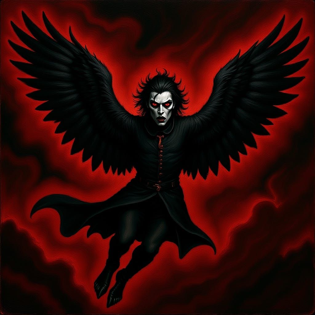 Goth Man With Raven Wings Soars Through Crimson Emotion