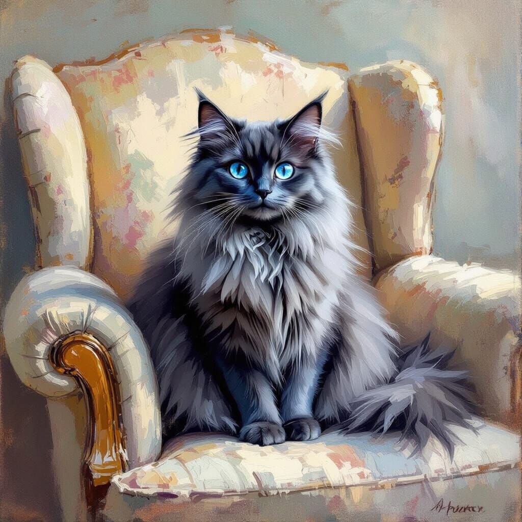 Fluffy Blue Cat with Sapphire Eyes on Armchair