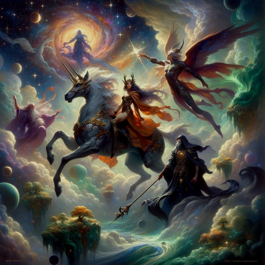 Fantasy Realm: Warrior & Wizard Under Ethereal Sky