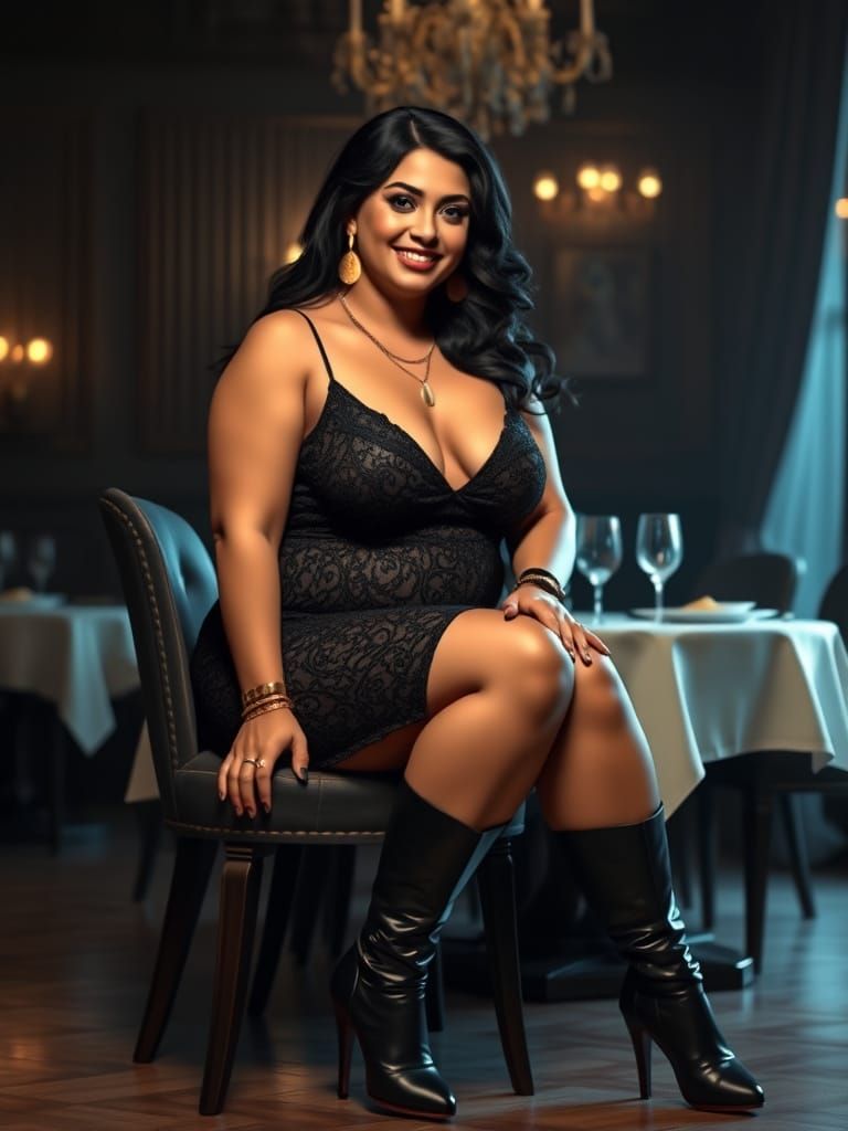 Curvy Egyptian Woman in Glitter Dress at Dark Restaurant